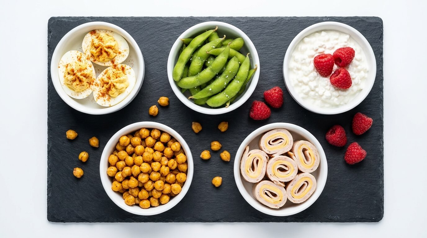 Grab-and-go high-protein snacks: deviled eggs, edamame, cottage cheese, roasted chickpeas