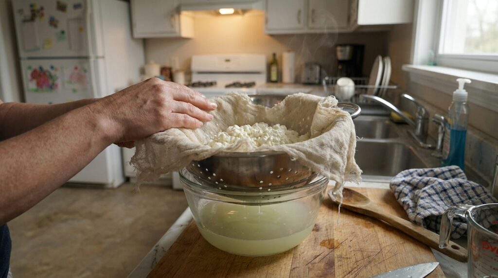 Hands draining homemade cottage cheese curds in a cheesecloth-lined colander over a bowl of whey