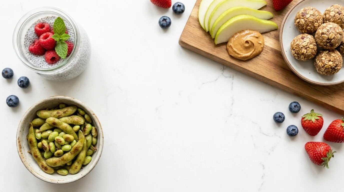Overhead spread of high-fiber snacks on a marble counter: a chia pudding jar topped with raspberries, a bowl of roasted edamame, pear slices with peanut butter, and no-bake oat energy bites