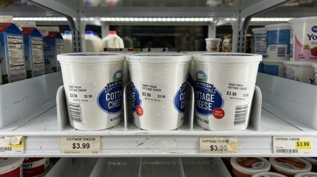 Three tubs of cottage cheese lined up on a refrigerated grocery store shelf with price tags