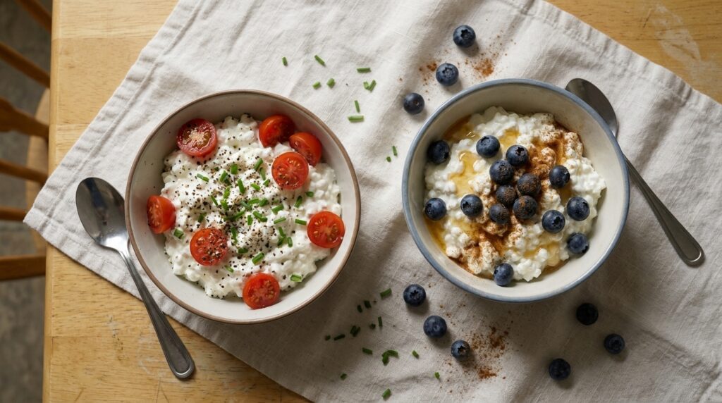 Two bowls of cottage cheese, one savory with tomatoes and chives and one sweet with blueberries and honey