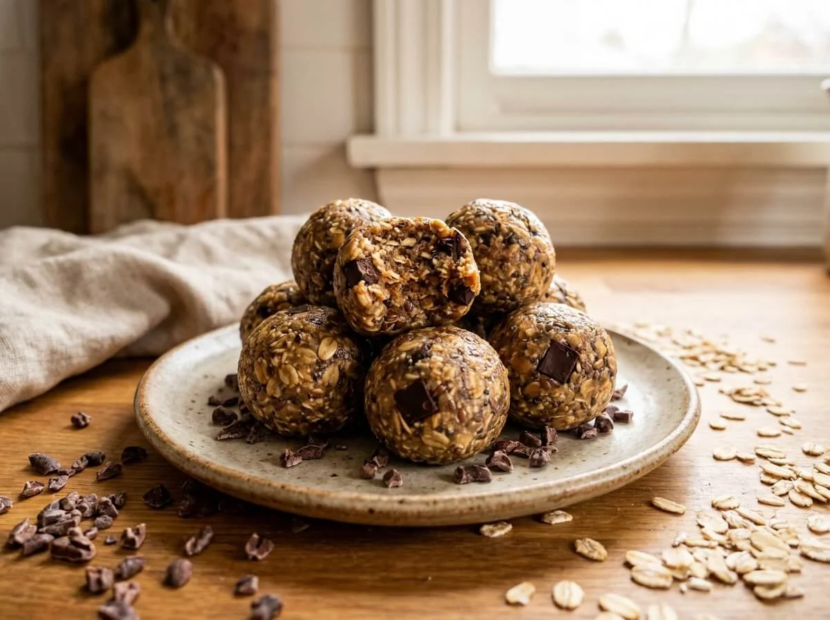 No-Bake Energy Bites No-bake oat and flax energy bites stacked on a ceramic plate, one broken open to show the chewy texture