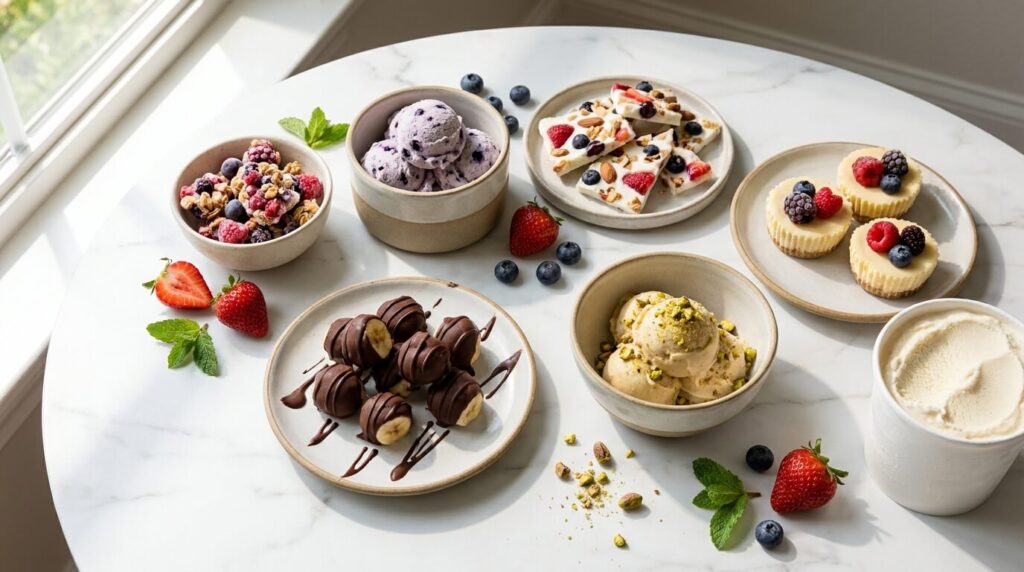 Seven easy no-bake frozen treats on a summer table: yogurt clusters, blueberry ice cream, yogurt bark, mini cheesecake cups, chocolate banana bites, and pistachio nice cream