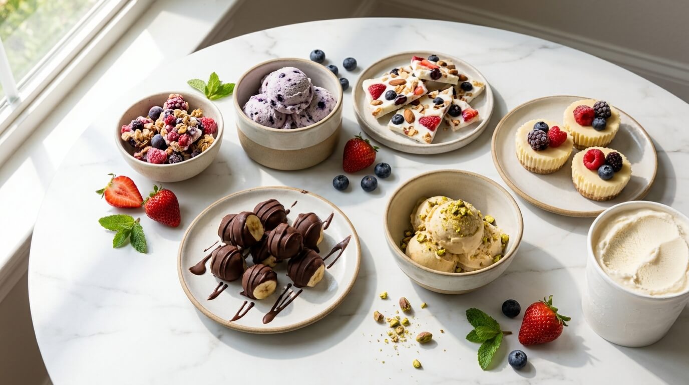 Seven easy no-bake frozen treats on a summer table: yogurt clusters, blueberry ice cream, yogurt bark, mini cheesecake cups, chocolate banana bites, and pistachio nice cream