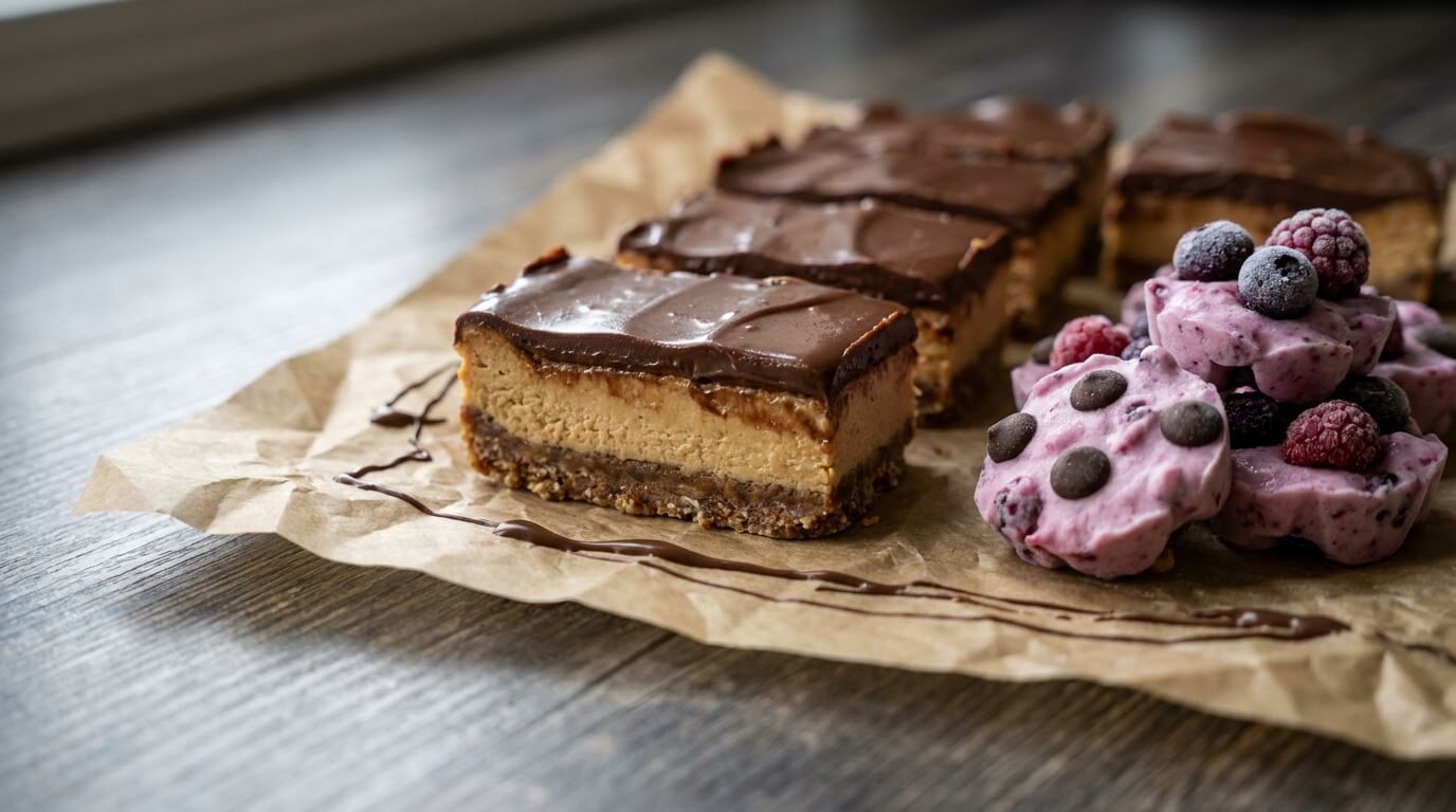 No-bake high-protein treats: chocolate peanut butter cheesecake bars and frozen yogurt clusters