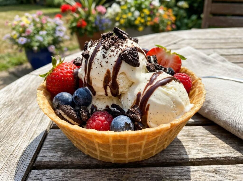 Three scoops of homemade no-churn vanilla ice cream in a waffle bowl with berries, cookie crumbles, and chocolate sauce