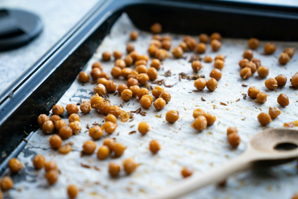 Roasted chickpeas on a sheet pan