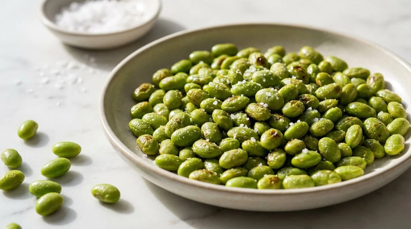 Roasted Edamame Snack Bowl of crispy roasted edamame, a savory high protein high fiber snack