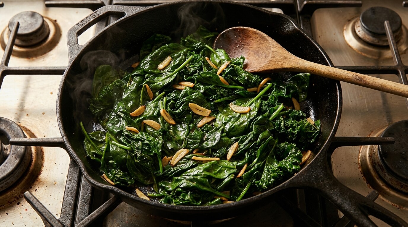 Glossy sauteed spinach and kale with golden garlic slices steaming in a black cast-iron skillet