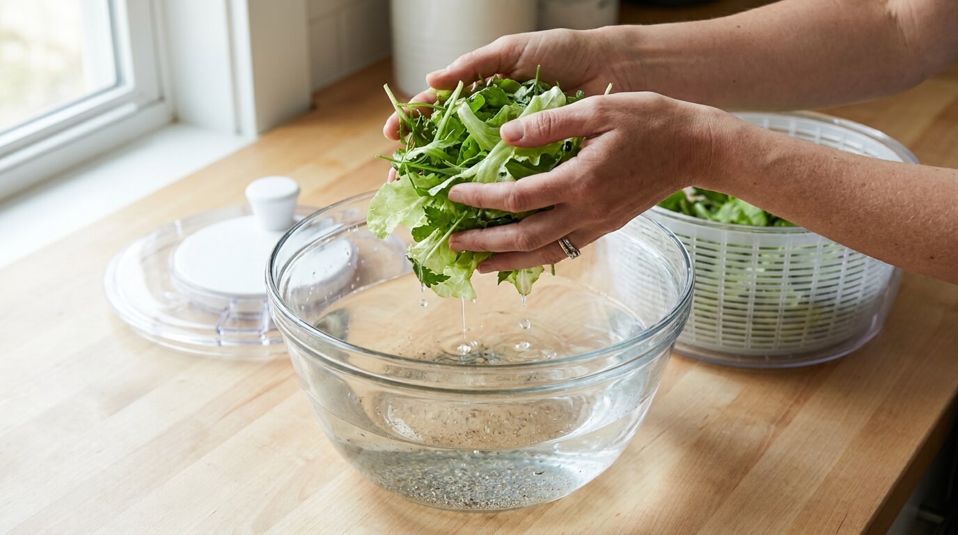 Hands lifting clean leafy greens out of a large glass bowl of cold water with a salad spinner nearby