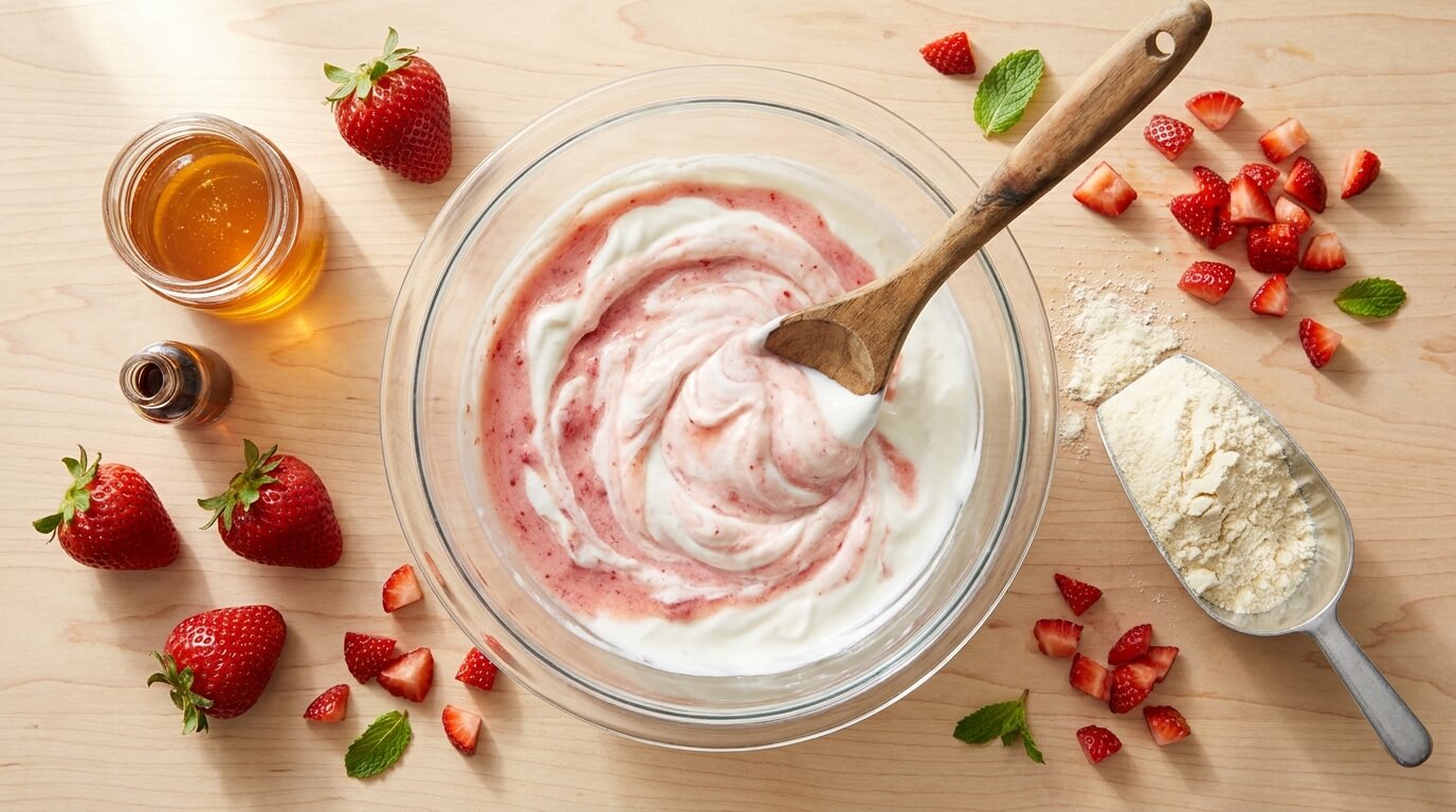 Greek yogurt being folded with chopped fresh strawberries in a glass mixing bowl