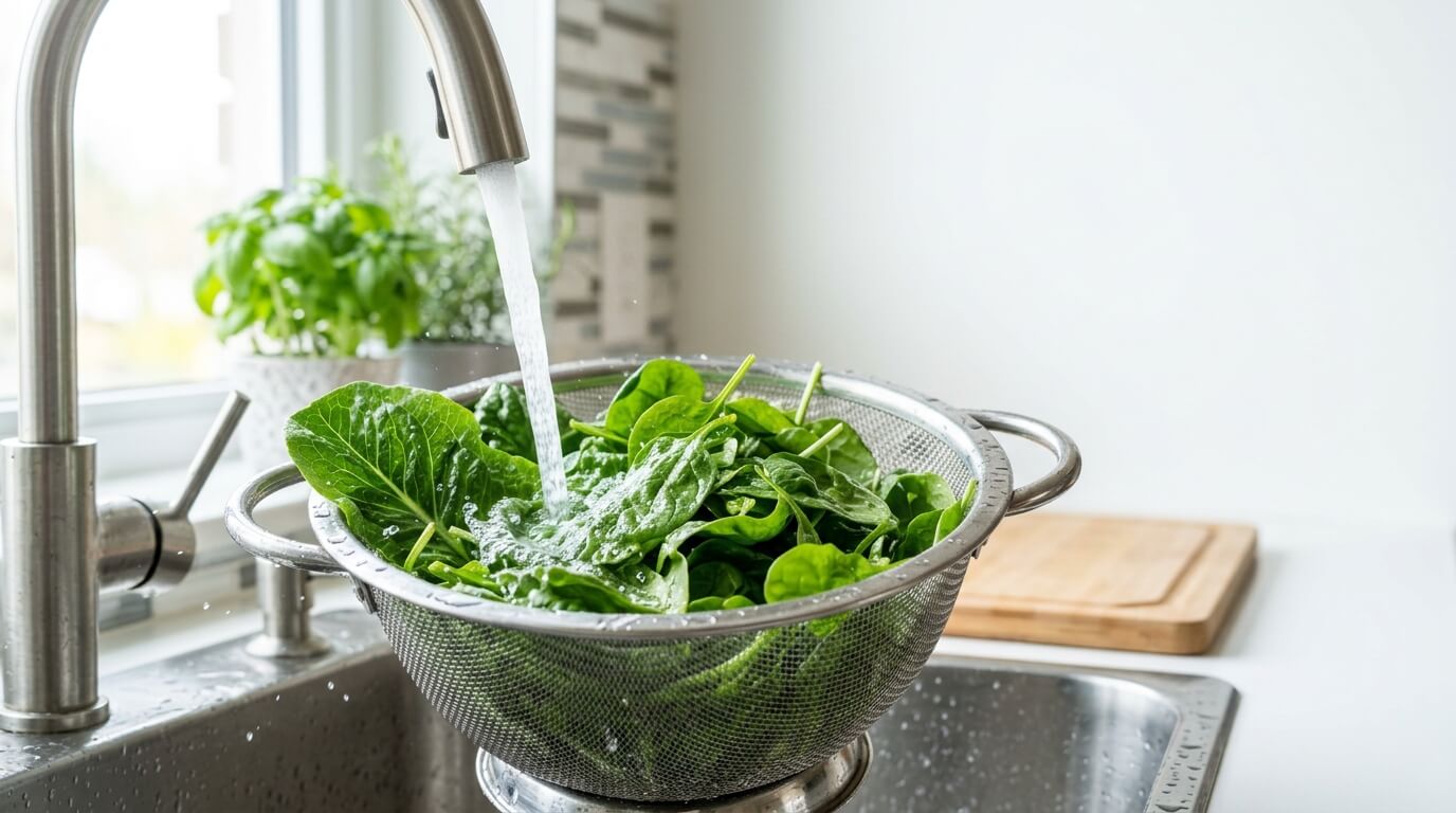 Fresh green spinach leaves being rinsed under cold running tap water in a stainless steel colander