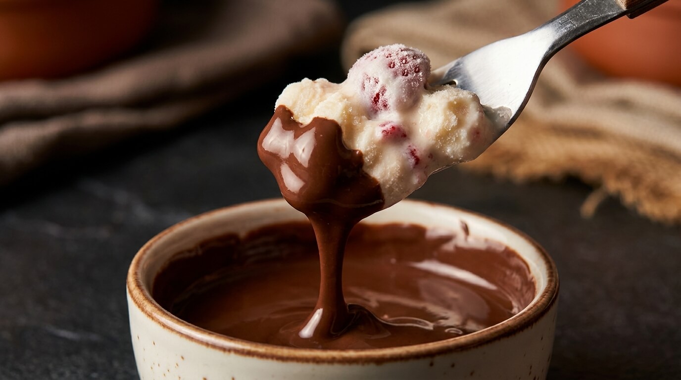 A frozen strawberry yogurt cluster being dipped into glossy melted dark chocolate