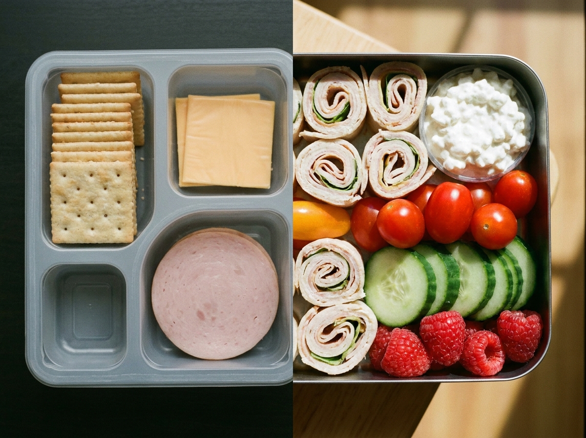 Side by side comparison of a grey packaged lunch kit next to a colorful homemade bento box with turkey pinwheels, cottage cheese, tomatoes, cucumber and raspberries.
