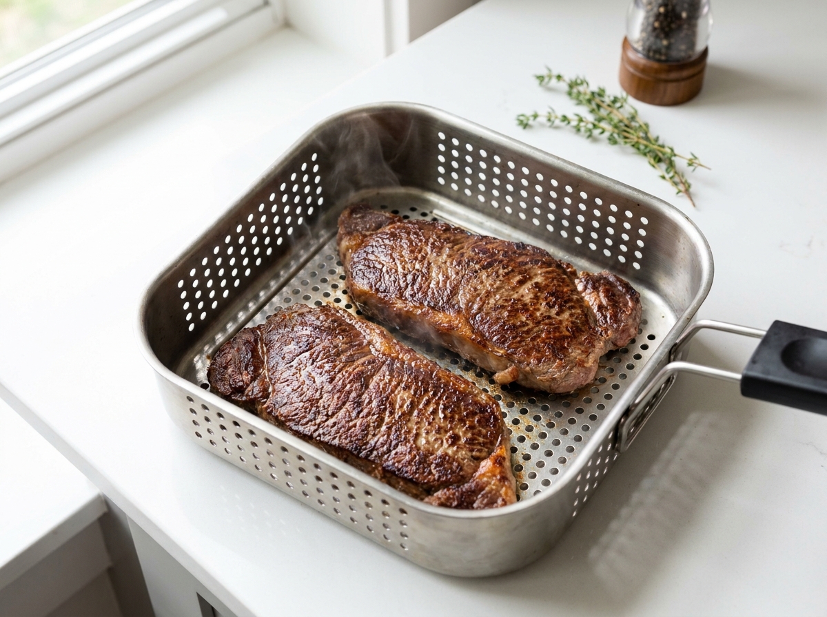 Two thin sirloin steaks with a browned crust resting in an open air fryer basket