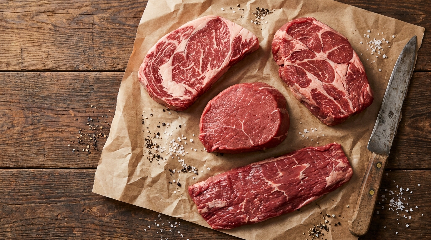 Four raw beef cuts arranged on brown butcher paper next to a wooden-handled knife, coarse salt and peppercorns scattered around them