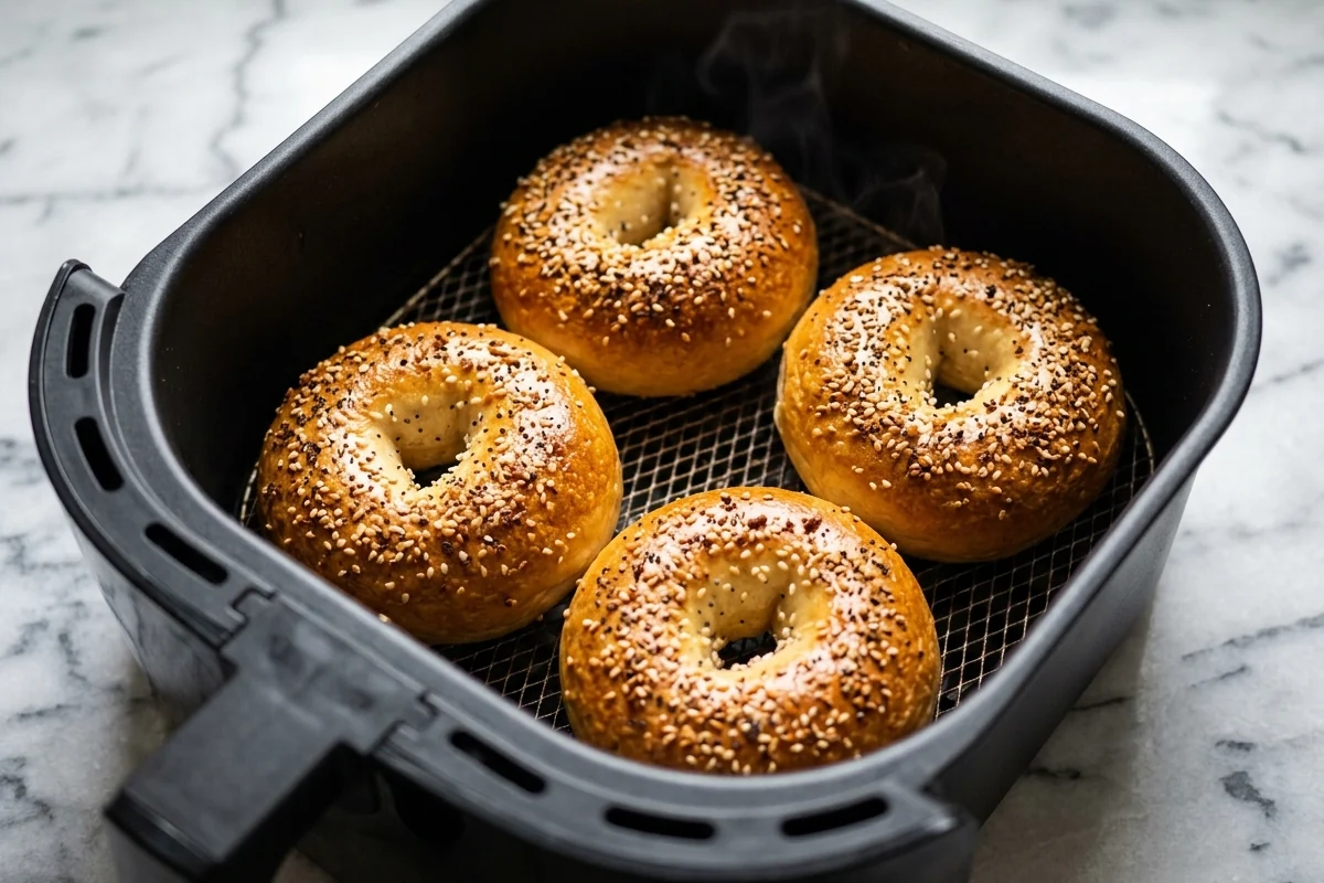 Four golden bagels in an air fryer basket with light steam rising