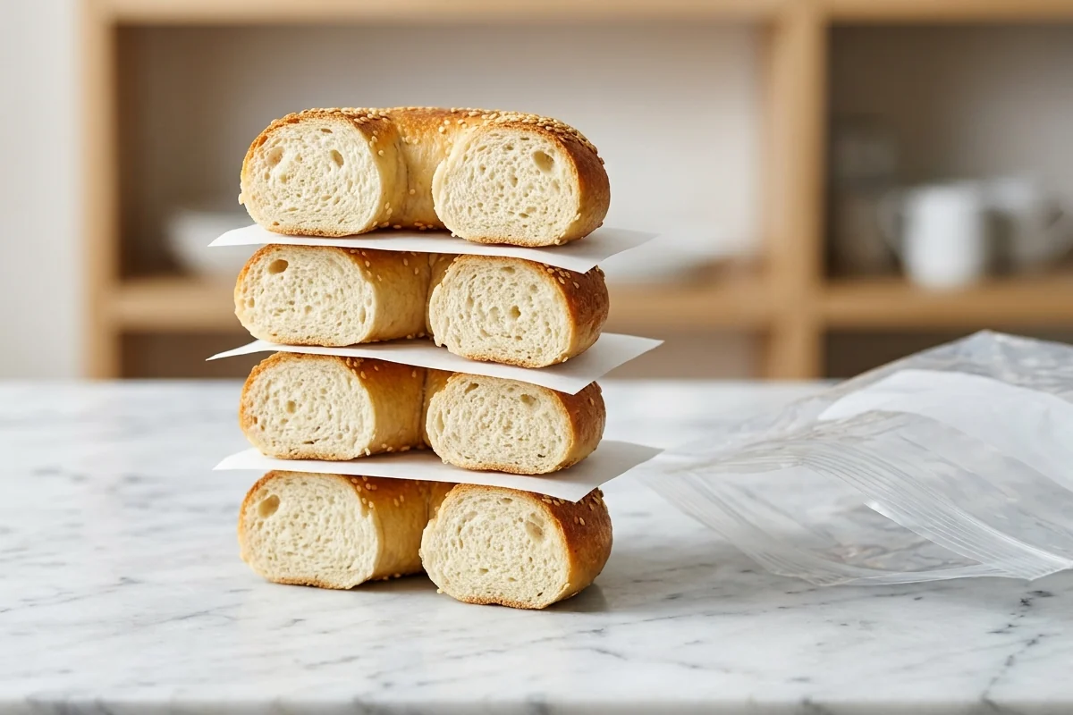 Sliced bagel halves stacked with parchment squares between them, next to an open freezer bag