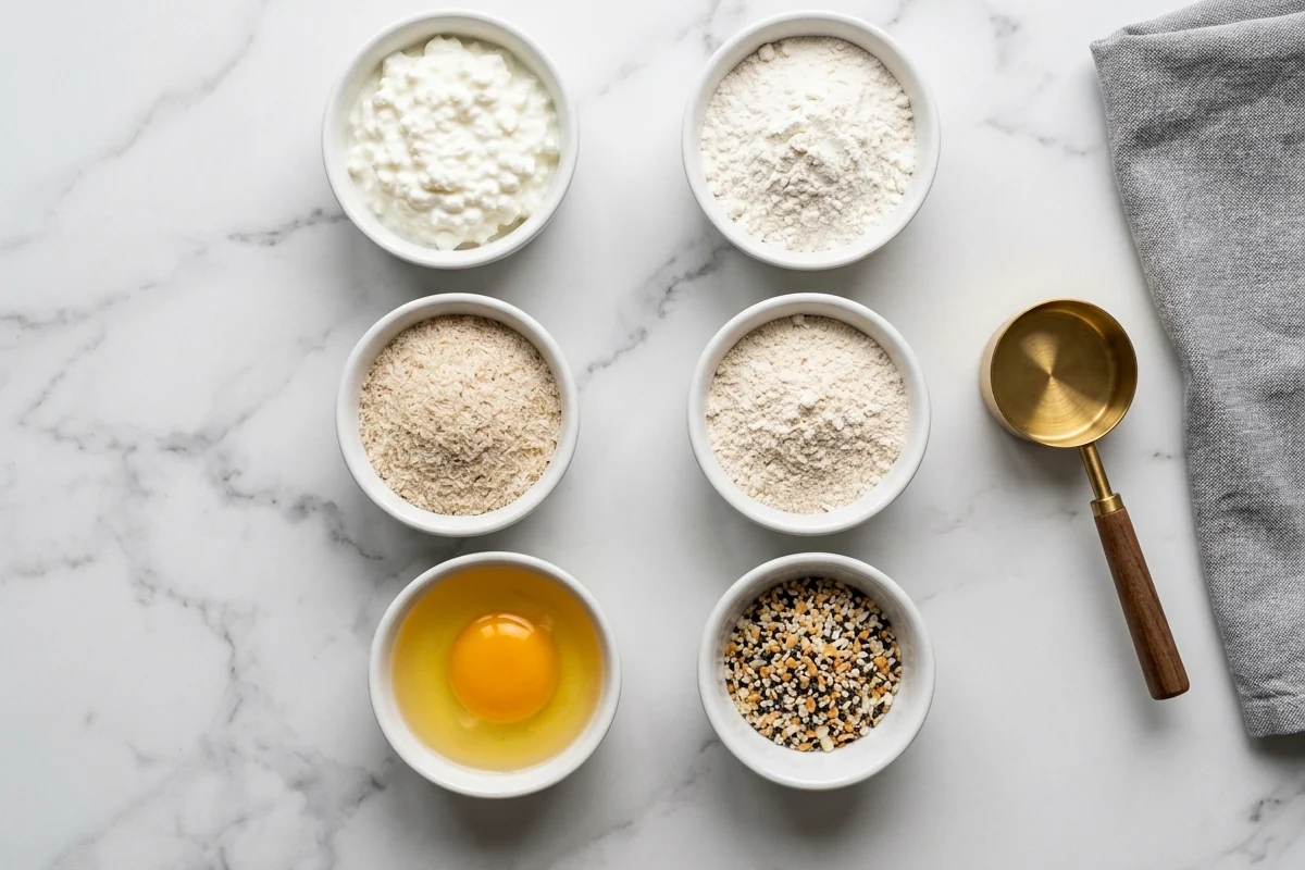 Flat-lay of measured ingredients in white bowls on marble: cottage cheese, self-rising flour, white whole wheat flour, psyllium husk, a cracked egg and everything seasoning