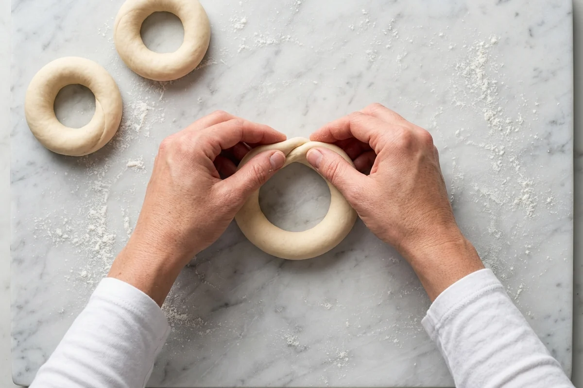 Hands rolling a rope of pale dough into a ring on a lightly floured marble board, seen from above