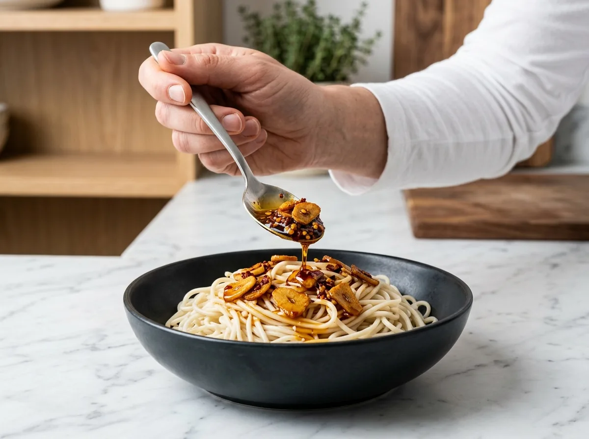 Crunchy garlic oil with crisp amber garlic and crimson chilli being spooned over pale noodles in a dark ceramic bowl