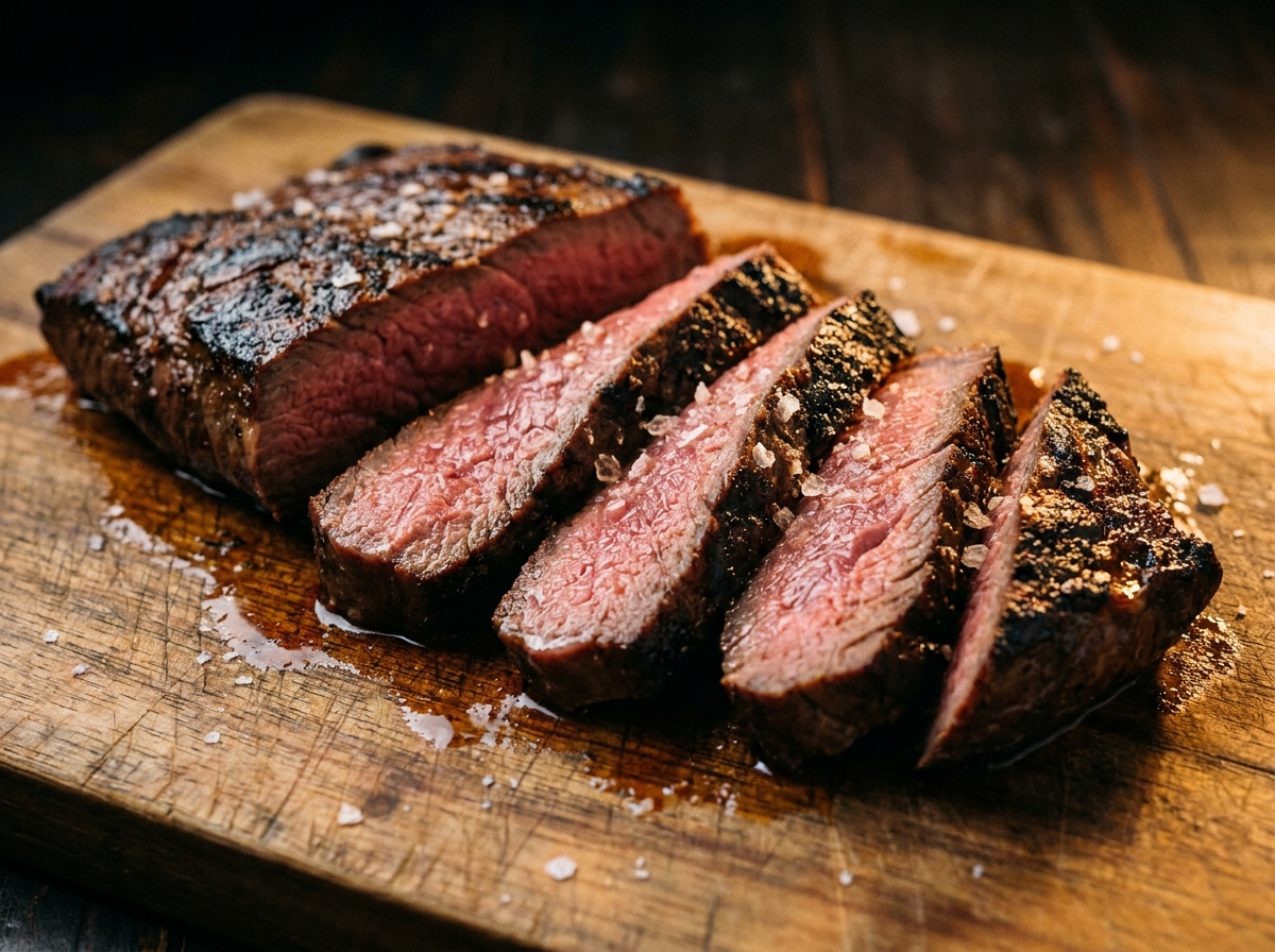 Cooked flat iron steak sliced against the grain showing a pink medium-rare interior