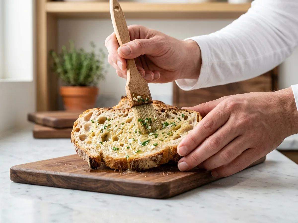 A pastry brush sweeping pale gold garlic butter and parsley across the open crumb of torn rustic bread