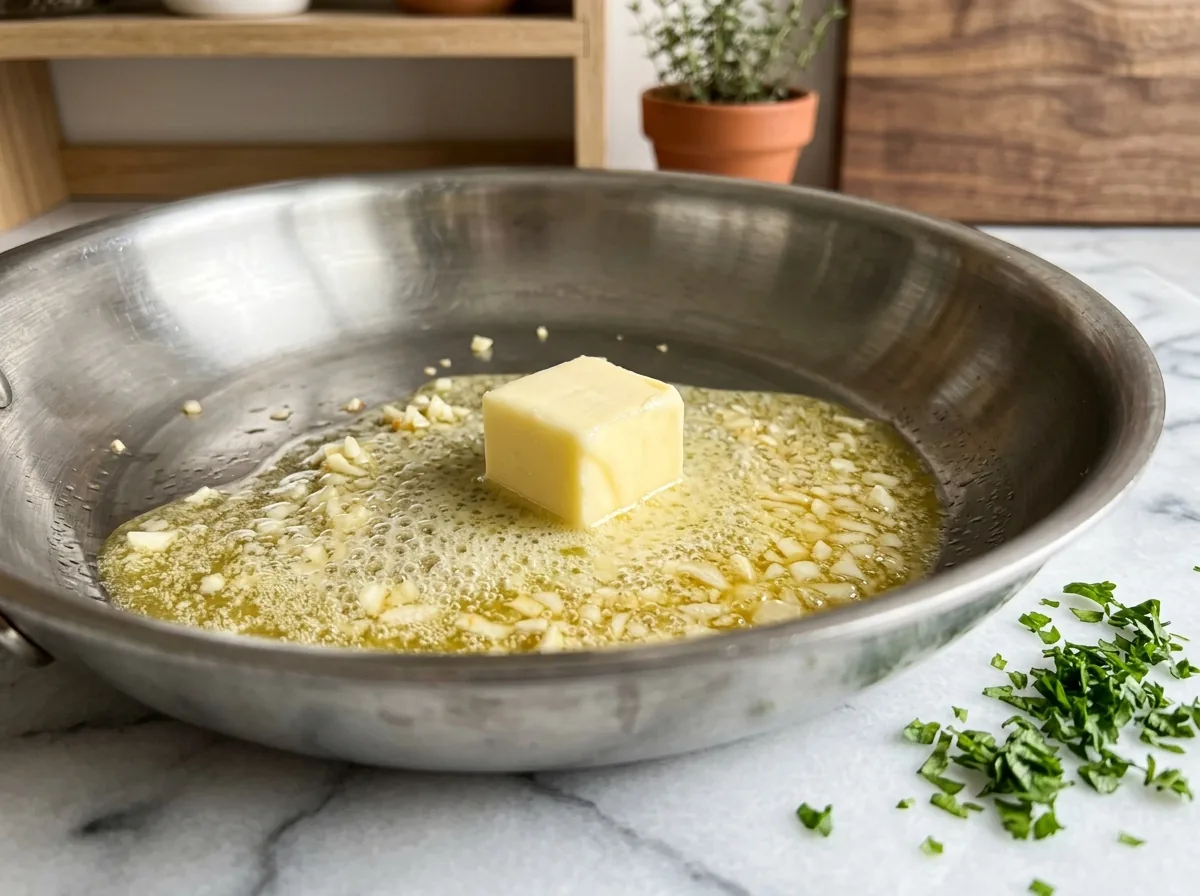 A cube of butter melting into foaming pale gold in a stainless skillet with chopped garlic, parsley beside the pan
