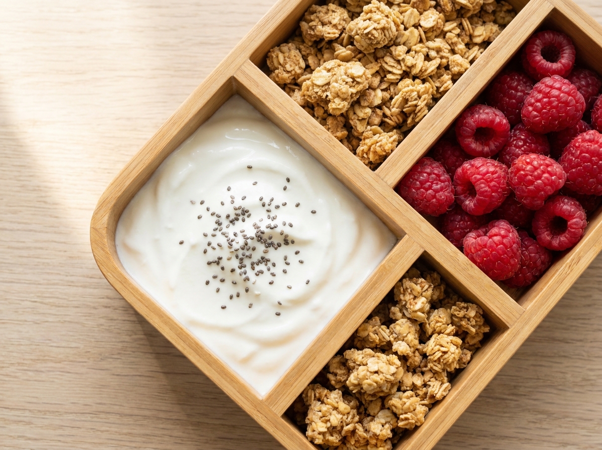 A wooden compartment lunch box with thick Greek yogurt topped with chia seeds, golden granola and fresh raspberries.