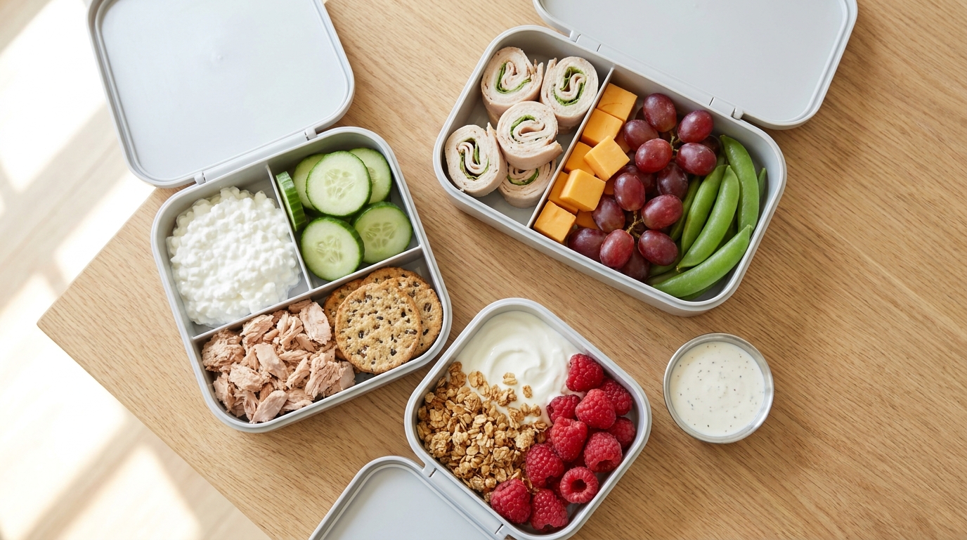Three open bento lunch boxes filled with turkey pinwheels, cottage cheese, cucumber coins, seeded crackers and cherry tomatoes on a light oak counter.