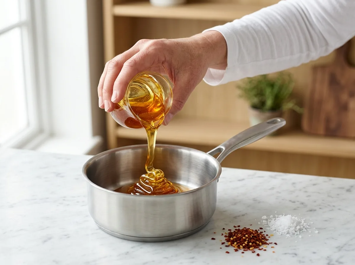 Honey pouring in a thick ribbon into a stainless saucepan on marble, beside piles of red chilli flakes and flaky sea salt