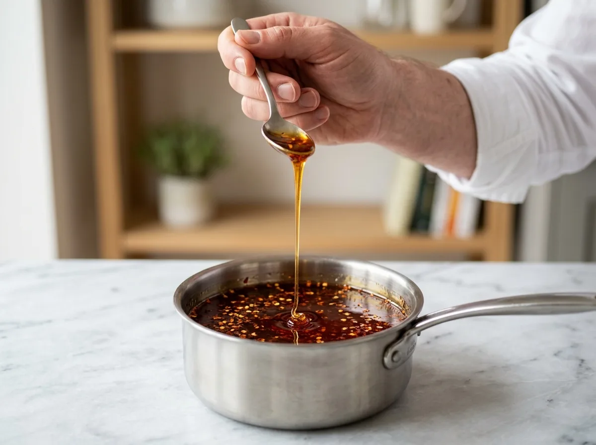 Hot honey falling from a lifted spoon in a single unbroken glowing amber strand back into the pan