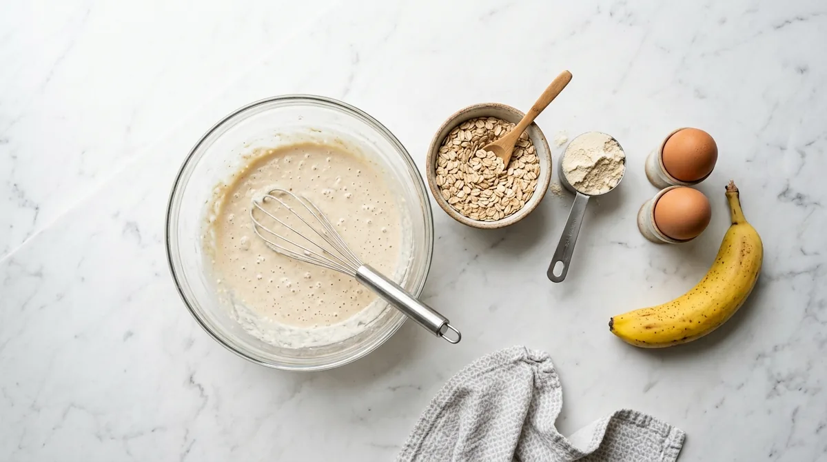 Protein pancake batter in a glass bowl with a whisk, beside rolled oats, a scoop of protein powder, two eggs and a banana on white marble