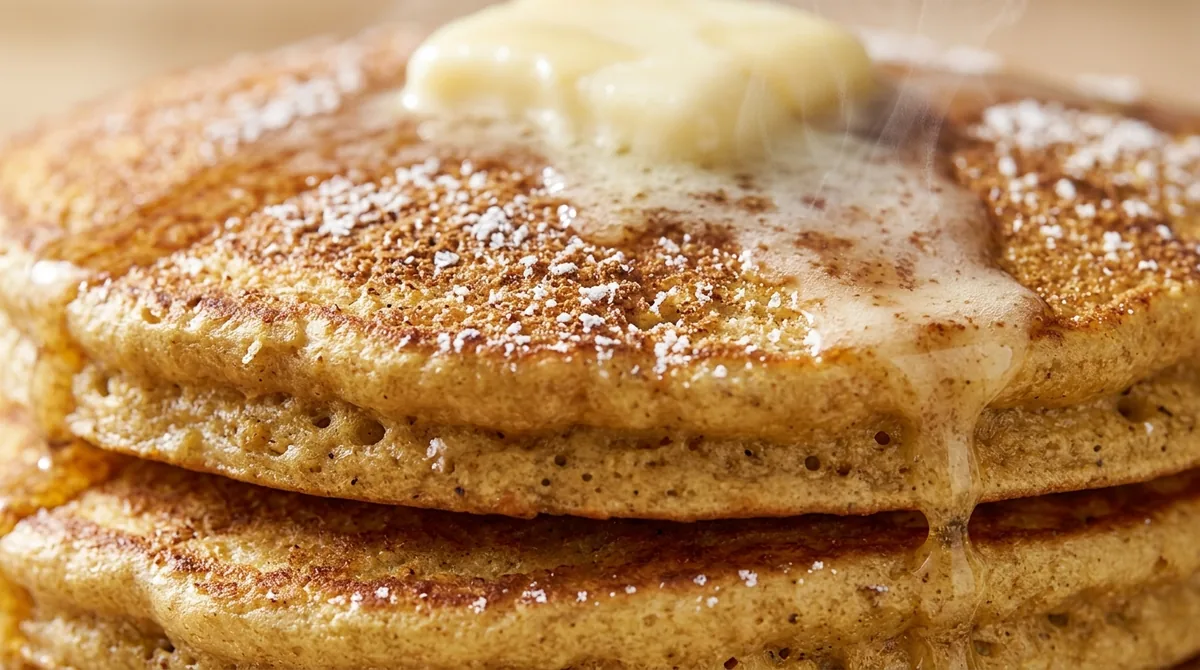 A pat of butter melting into a stack of golden oat-flecked protein pancakes, steam rising from the warm surface