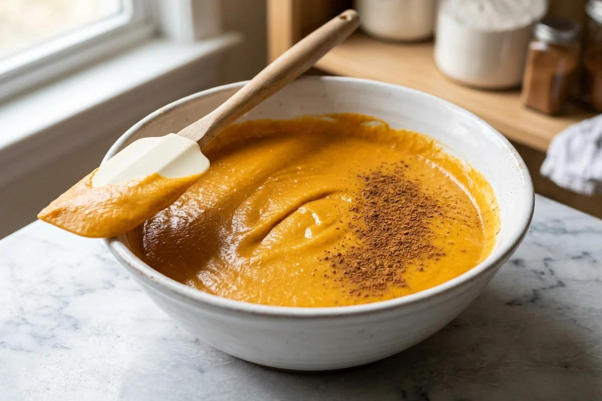 Smooth orange pumpkin batter in a white mixing bowl with a spatula resting against the side