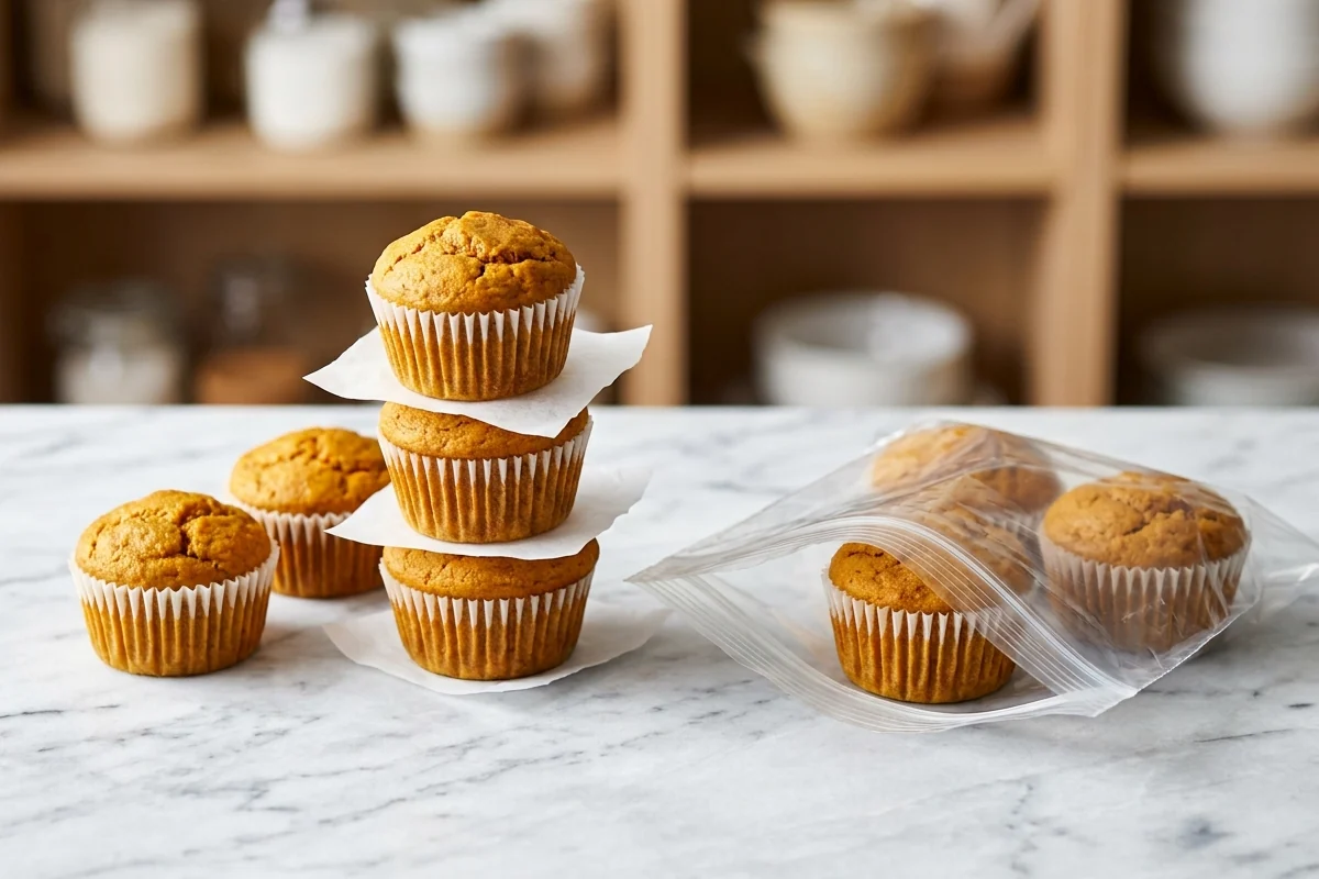 Pumpkin protein muffins stacked beside an open freezer bag on marble