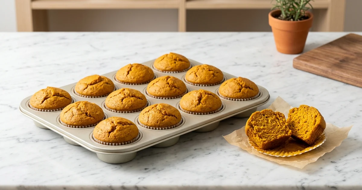 Twelve pumpkin protein muffins in a metal muffin tin, one split open on parchment showing a moist orange crumb