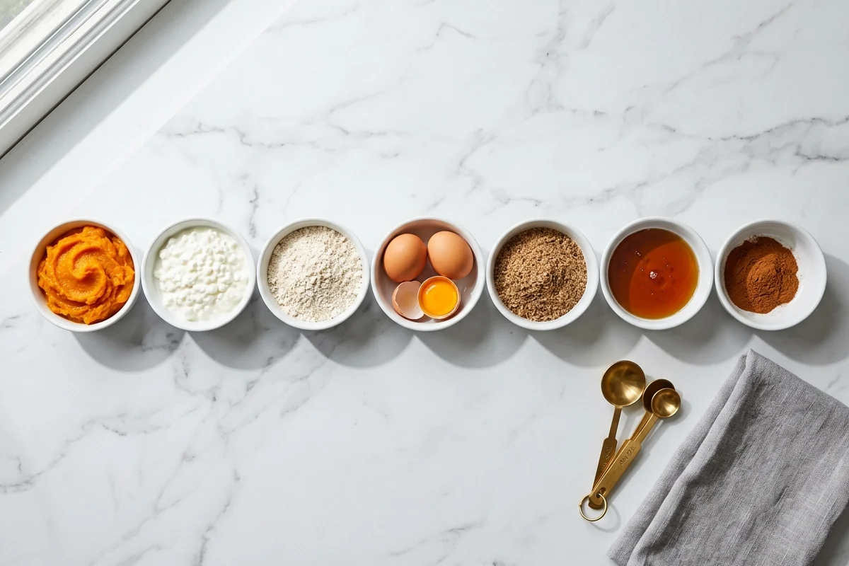 Flat-lay of ingredients in white bowls on marble: pumpkin puree, cottage cheese, oat flour, eggs, ground flaxseed, maple syrup and pumpkin pie spice