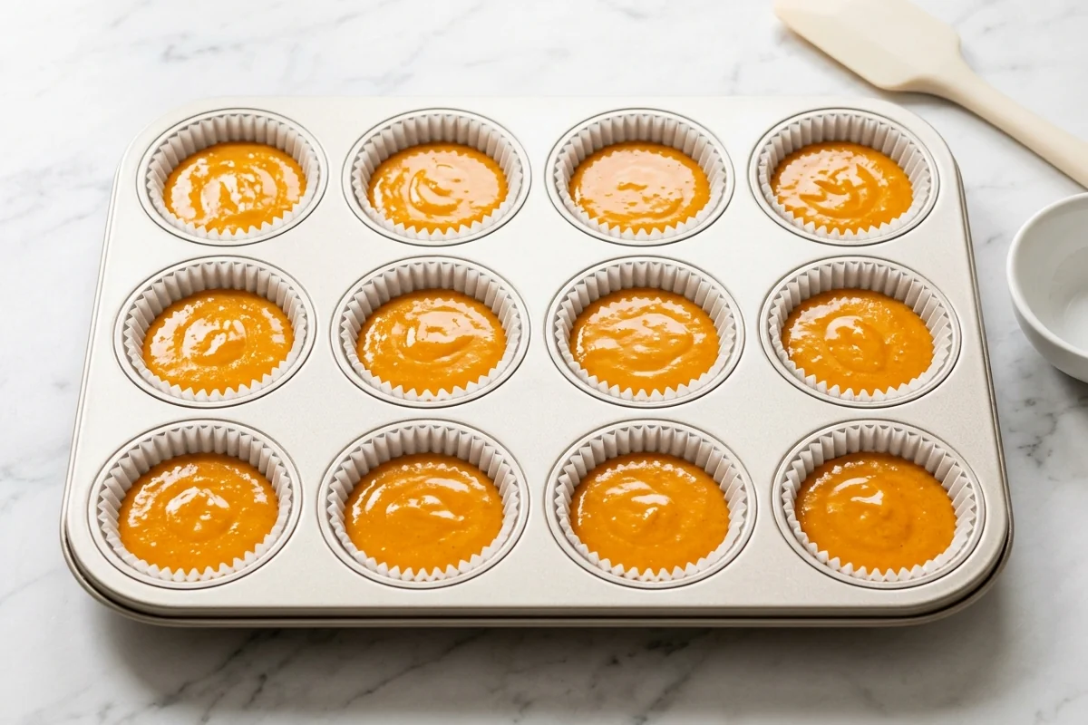 Muffin tin lined with paper cases and filled with orange batter, ready for the oven