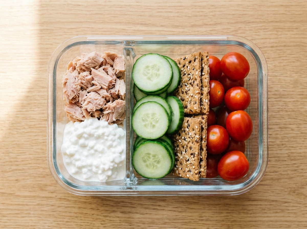 A close crop of a bento box with canned tuna, white cottage cheese, cucumber coins, seeded crackers and cherry tomatoes in separate compartments.