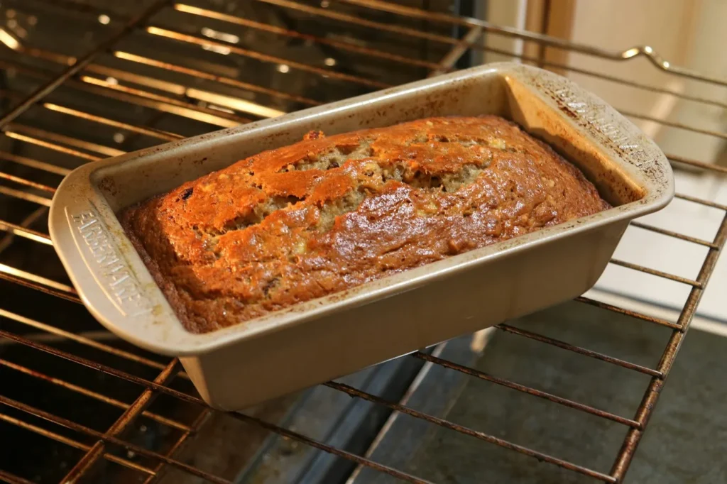 Banana bread baking in a loaf pan on an oven rack