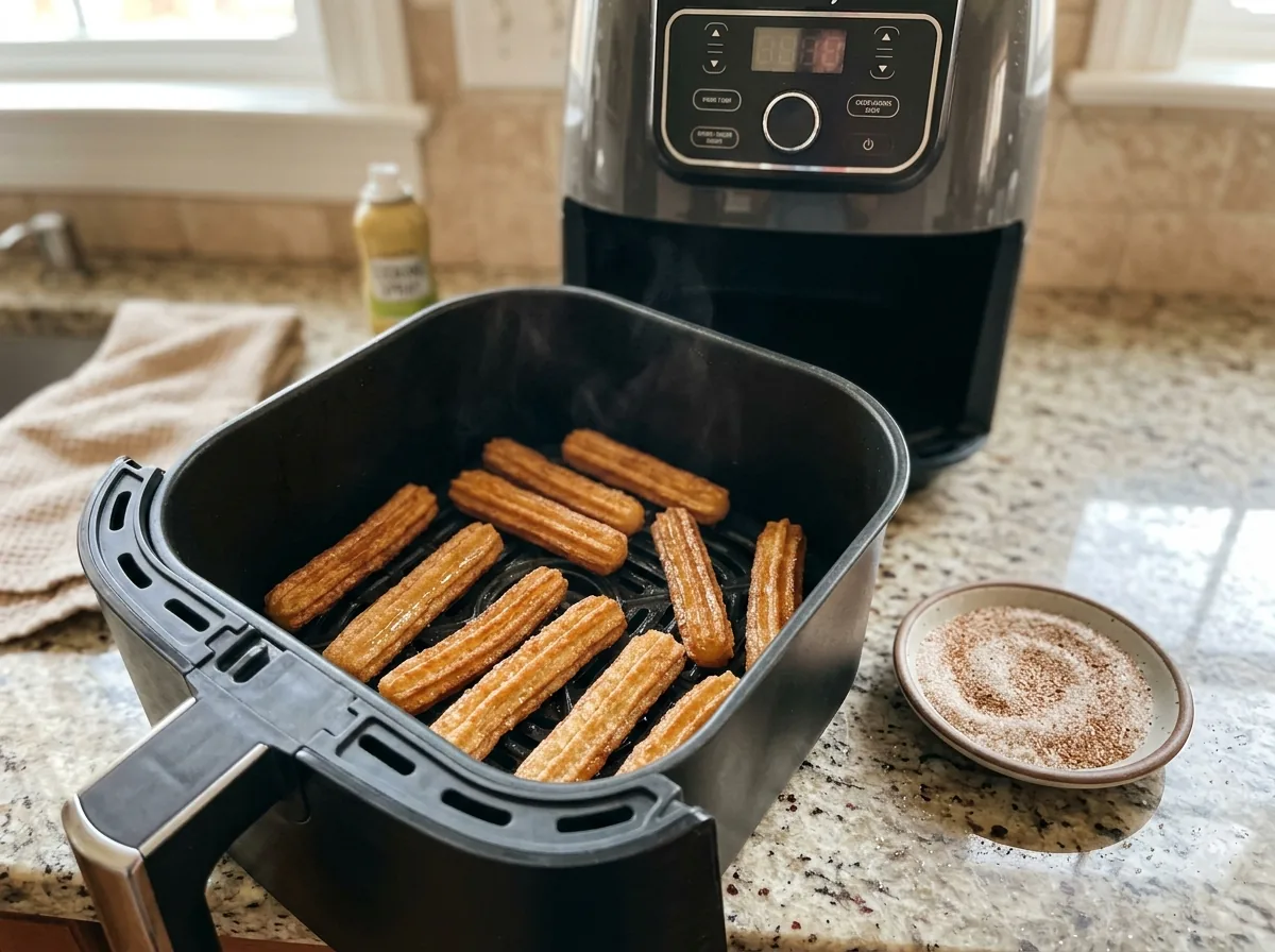 Golden air fryer churros in a single layer in the basket, with a dish of cinnamon sugar beside the air fryer