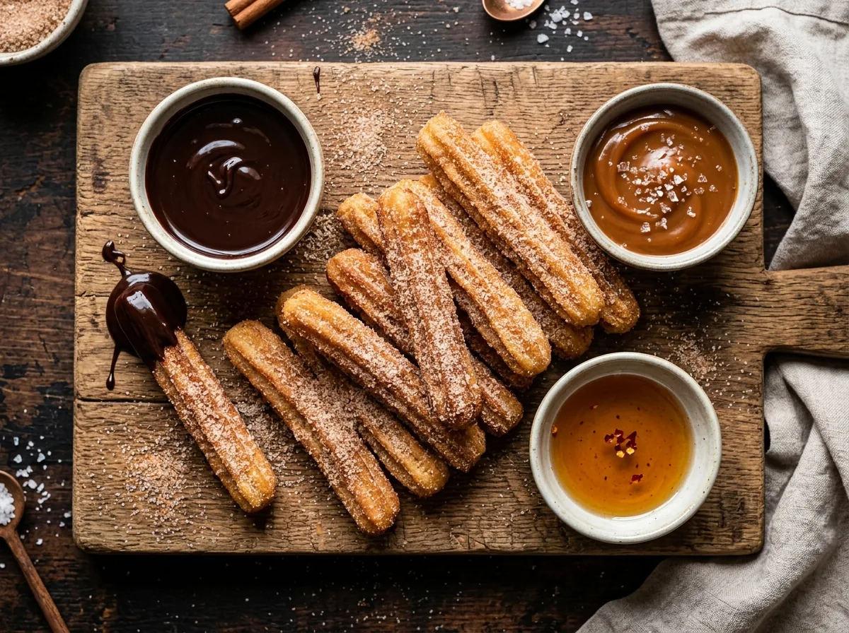 Cinnamon sugar churros on a wooden board with chocolate sauce, dulce de leche with flaky salt, and hot honey with chili flakes
