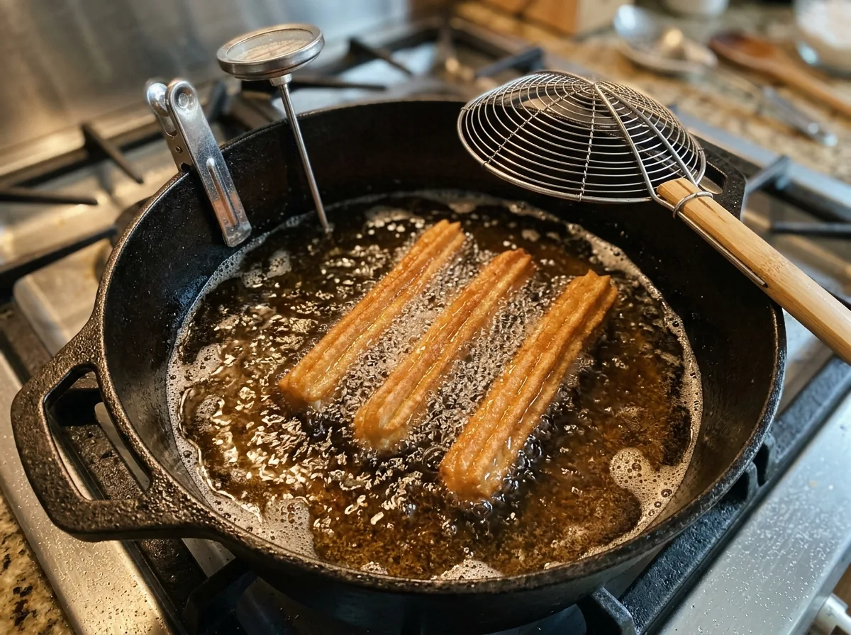 Three ridged churros frying in a cast iron pot of hot oil with a clip-on thermometer and a spider strainer