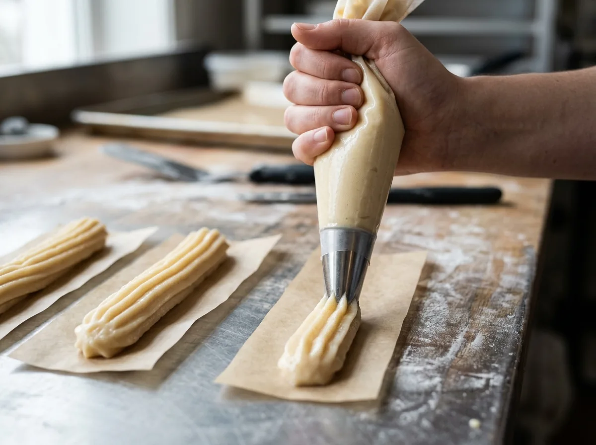 Piping ridged choux dough through a large star tip onto strips of parchment paper for churros