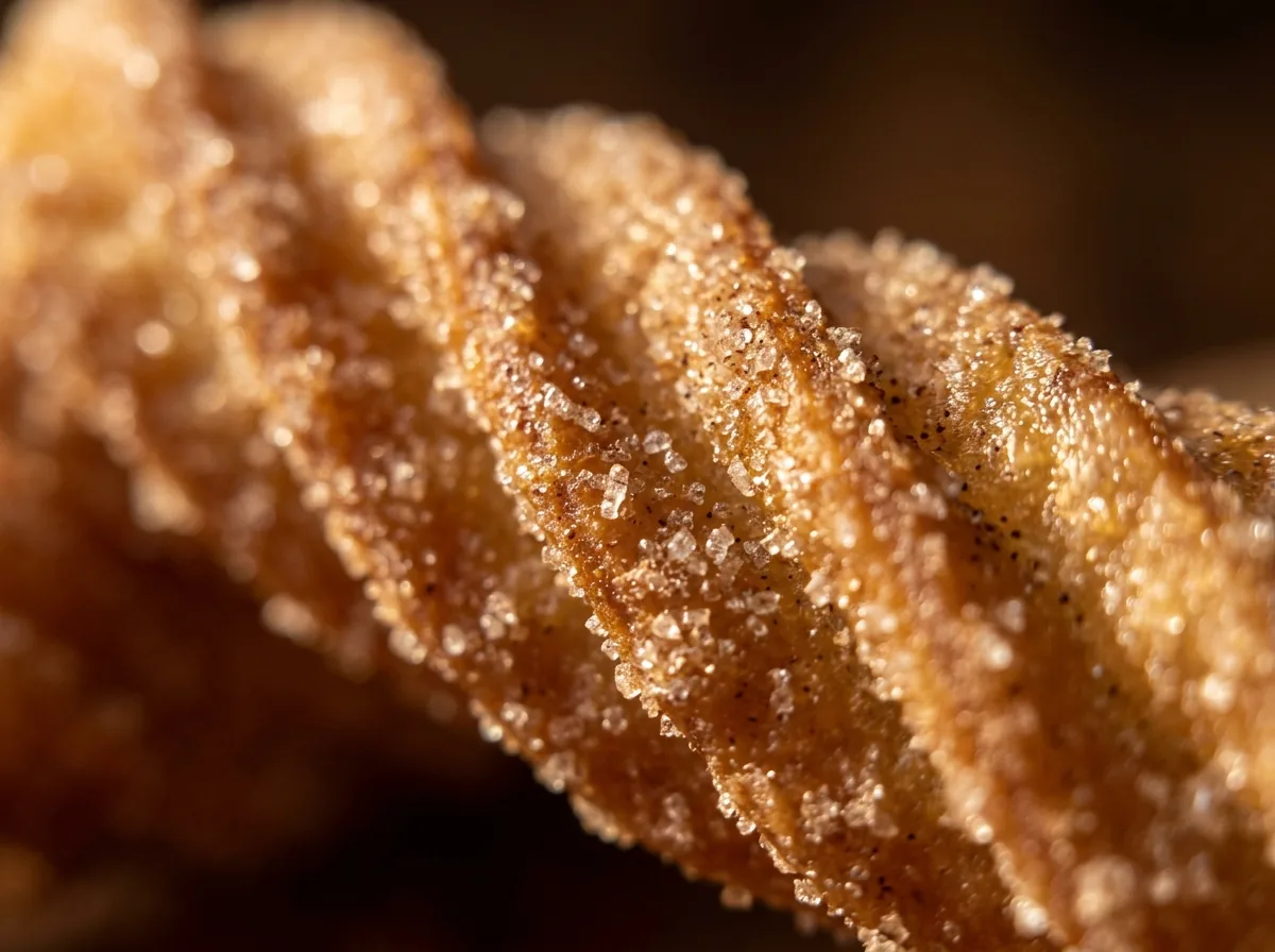 Close-up of a twisted churro showing crisp spiral ridges packed with cinnamon sugar crystals