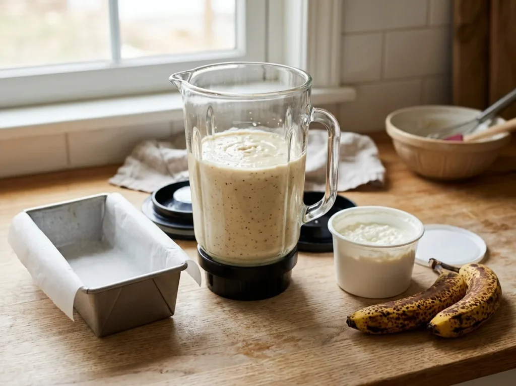 Cottage cheese banana bread batter: ripe bananas and cottage cheese blended smooth in a blender, next to a tub of cottage cheese, spotty bananas and a lined loaf pan