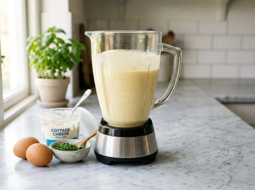 Cottage cheese scrambled eggs mixture: eggs and full-fat cottage cheese blended smooth in a blender, with chives and eggs on the counter