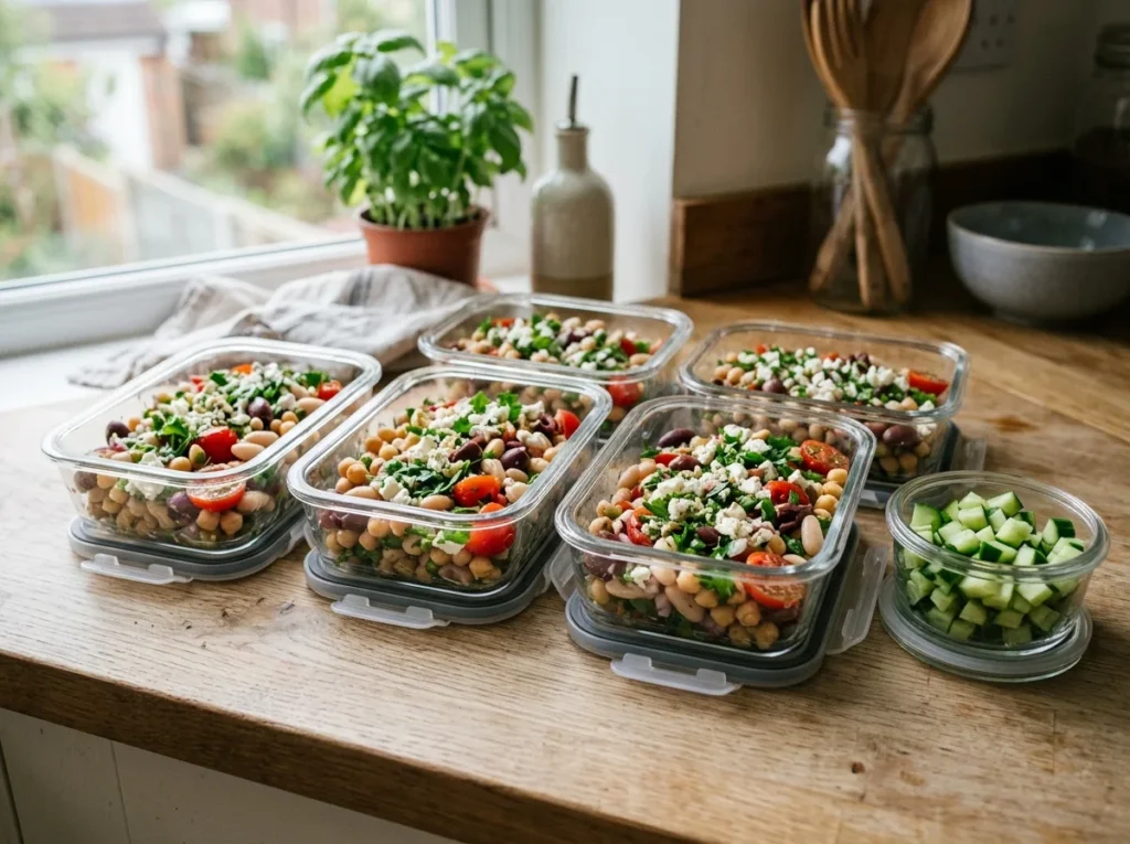 Meal-prep containers of Mediterranean bean salad with the diced cucumber stored separately