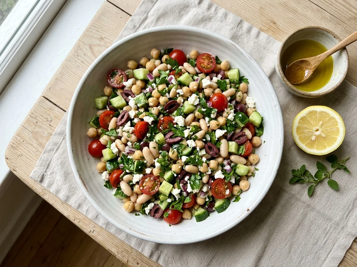 Dense bean salad: Mediterranean chickpeas and cannellini beans with cucumber, cherry tomatoes, Kalamata olives, feta and parsley in a white bowl